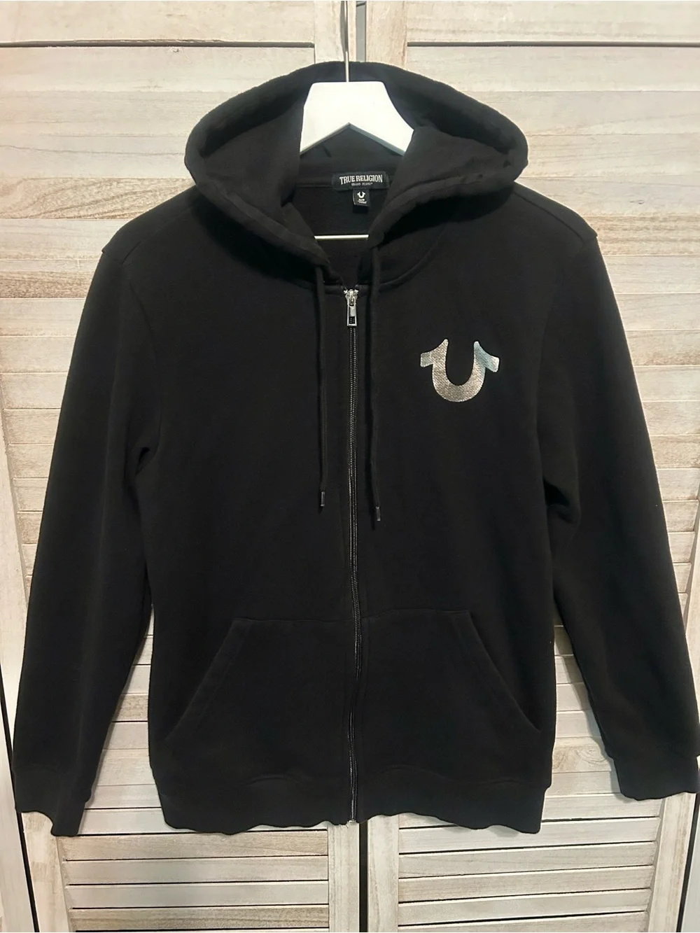 True Religion Men’s City Buddha Black Zip Hoodie with Metallic Logo. Size Small